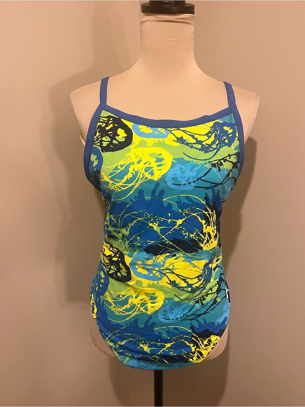 Arena Blue & Yellow Printed  Lace Back Tank Suit, size 40